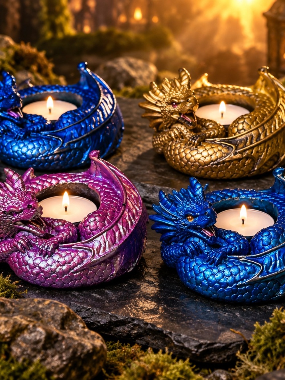 Decorative Dragon Tealight Candle Holders - Blue, Purple, Gold Set